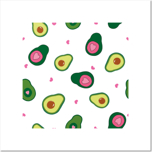 Hand drawn cute avocados with pink hearts Posters and Art